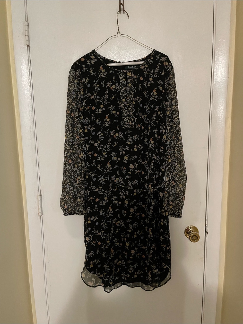 Polo by Ralph Lauren Black Midi Dress with Small Multicolor Floral Print